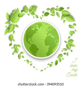Love my earth background for design banner,ticket, leaflet and so on.Template page for Earth day. Holiday card. Green globe and leaves.