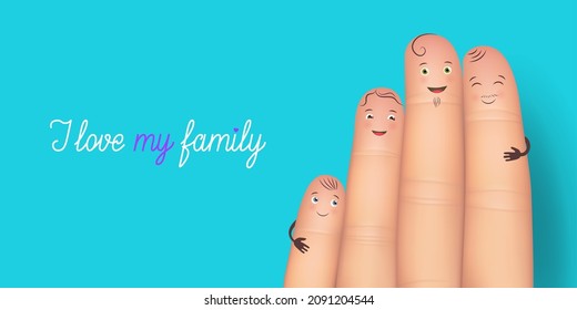 I love my family conceptual phrase with faces drawn on fingers. Finger family homosexual couple and their adopted kids hugging together realistic blue banner vector illustration.