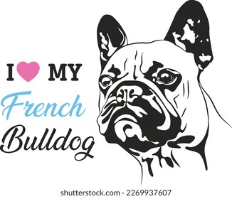 I love my french bulldog. Hand drawn positive phrase. Modern brush calligraphy. Hand drawn lettering background. Isolated on white background.