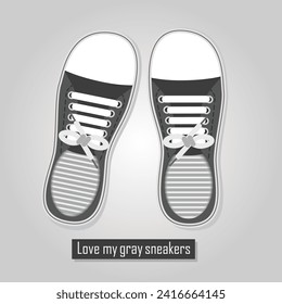 Love my gray sneakers - A pair of cute gray sneakers icon poster with tied white shoelaces on gray gradient background