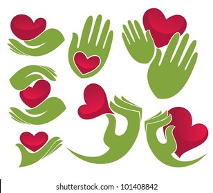 love in my hands, vector collection of green hands and bright red hearts