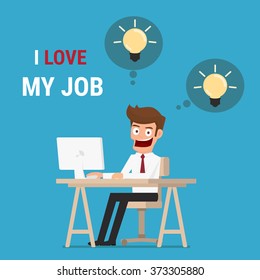 I love my job. Businessman working  on computer and get idea. Cartoon Vector Illustration.