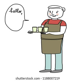 I love my job concept with cheerful waiter carrying a tray of drinks and saying hello to welcome customer. Senior man with apron serving drinks. Senior waiter carrying a tray of drinks.
