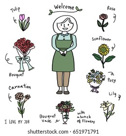 I Love My Job concept with portrait of cute florist and collection of flowers such as tulip, rose, sunflower, carnation, lily. A bouquet of roses, posy of little flowers, a bouquet vase included. 