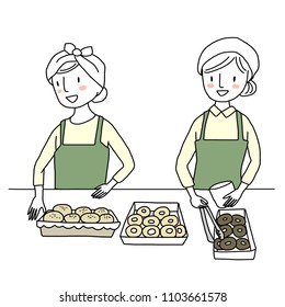 I Love My Job concept with two kind lunch ladies preparing bakery and picking up donuts with tongs. Cute female vendors smiling and standing at her food stall preparing breads and donuts for sale.