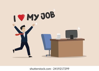 I love my job, positive attitude for career success, gratitude or inspiration concept, happy businessman jumping while going to office with the phrase I love my job.