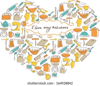 I Love My Kitchen - items & utensils in heart shape