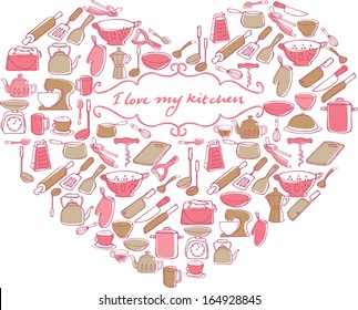 I Love My Kitchen - items & utensils in heart shape