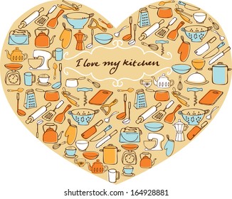 I Love My Kitchen - items & utensils in heart shape