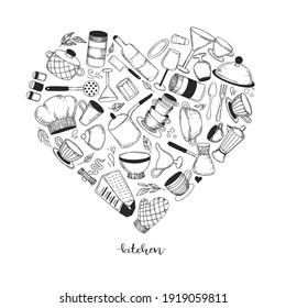 I Love My Kitchen - items and utensils. Heart shaped kitchen silhouette set, vector illustration. Poster with hand drawn kitchen utensils. Recipe book background concept. 