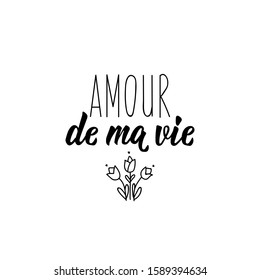 Love of my life in French language. Hand drawn lettering background. Ink illustration. Amour de ma vie.