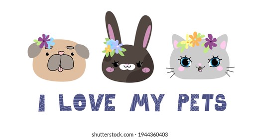 Ich liebe den Text meiner Haustiere. Hundehasen mit Hunde und Blumen-Sammlung.