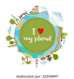 I love my planet typography in modern style. Vector design poster. 