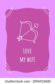 Love my spouse purple postcard with linear glyph icon. For beloved woman. Greeting card with decorative vector design. Simple style poster with creative lineart illustration. Flyer with holiday wish