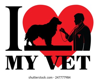 I Love My Vet is an illustration of a design to show your love for your vet or veterinarian. Includes images of a dog, a veterinarian with stethoscope, a veterinarian symbol and a heart shape.