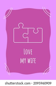 Love my wife purple postcard with linear glyph icon. Compliment for spouse. Greeting card with decorative vector design. Simple style poster with creative lineart illustration. Flyer with holiday wish