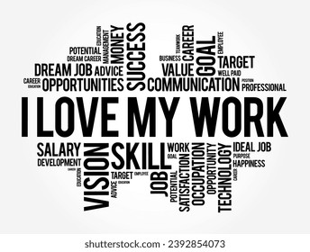 I Love My Work is a phrase expressing a strong sense of satisfaction, passion, and fulfillment in one's job or professional activities, word cloud background
