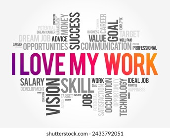 I Love My Work is a phrase expressing a strong sense of satisfaction, passion, and fulfillment in one's job or professional activities, word cloud background