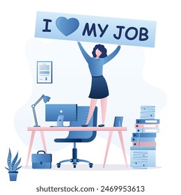 I love my work, positive attitude for career success, gratitude or inspiration. Happy businesswoman standing on office desk with motivational placard - I love my job. flat vector illustration