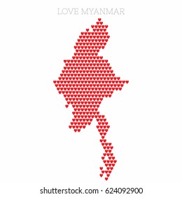 Love Myanmar. Country map made up of heart icons.