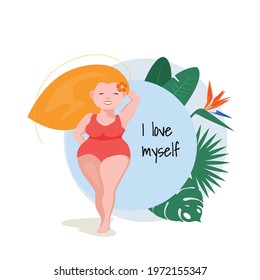 I Love Myself. Body Positivity. Womens Day. White Plump Woman In Swimsuit, Positive Body Concept, Standing Against Blue Background With Tropical Leaves And Flowers. Hello Summer.