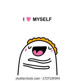 I love myself hand drawn vector illustration in cartoon comic style man hugs his body closed eyes