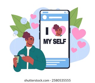 I love myself. Woman near smartphone with inscription. Self love and acceptance. Positivity and optimism. Care about mental and psychological health. Flat vector illustration