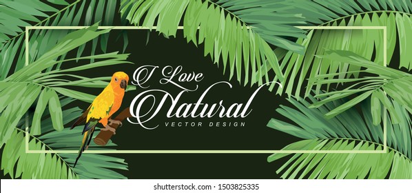 I love natural, the background with green leaves with frame, stripes, banners template for design work, vector illustration and design.