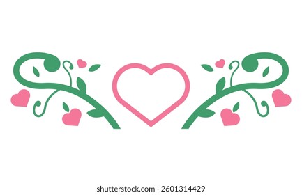 Love and nature concept header elements. Pink heart background, flowers and plants.