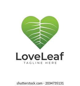 Love nature creative logo design template. Simple green leaf and heart shape symbol. Ecological concept. Think green.