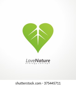 Love Nature Creative Logo Design Template. Simple Green Leaf And Heart Shape Symbol. Ecology Concept. Think Green.