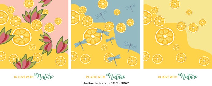 In love with Nature. Floral and fruit elements. Support Earth and Nature and share some love to the world of plants and animals. Pastel colors. Spring and Summer time. Pineapple  Lemon lovers