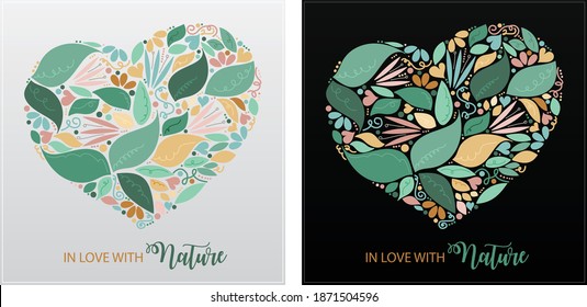 In love with Nature. Floral heart with leaf and flower elements to support Earth and Nature and share some love to the world of plants and animals. Pastel colors.