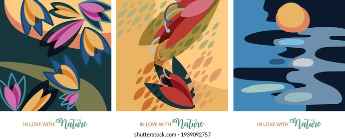 In love with Nature. Floral leaf and flower elements to support Earth and Nature and share some love to the world of plants and animals. Pastel colors. Spring and Summer time.