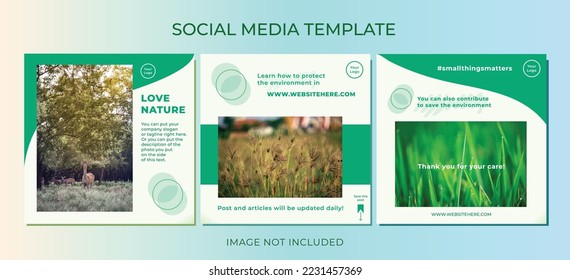 Publicación en medios sociales con temática verde de amor por la naturaleza. Plantilla vectorial para afiches, folletos, publicaciones en medios sociales o sitios web, entre otros. Vayan posts aislados con temas de cuidado verde y medio ambiente.