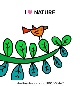 I love nature hand drawn vector illustration in cartoon comic style .Bird sitting on branch cheerfully singing