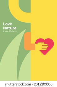 Love nature, hands hug the tree and hold the heart. Simple Background Vector Illustration Flat Style. Suitable for poster, cover, web, social banner, or flyer