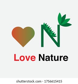 Love Nature Logo design Concept with netter N and Leaf and Love Icon.