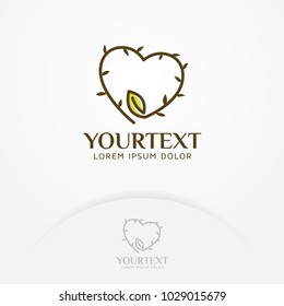 Love nature logo. Heart symbols in line style with leaves for environmental logo, Heart health, natural treatment, ecology, love and more. Vector logo template