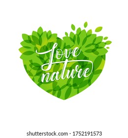 Love nature logotype concept. Creative decorative healthcare sign. Heart with leaves. Isolated abstract graphic design template. Logo with leaves and beautiful calligraphy. Eco friendly product symbol