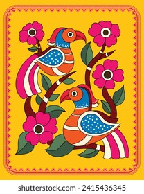 Liebe in der Natur: Madhubani-Papagei-Malerei. Madhubani Art Parrot Love, Natur inspirierte Malerei, Traditionelle indische Volkskunst.