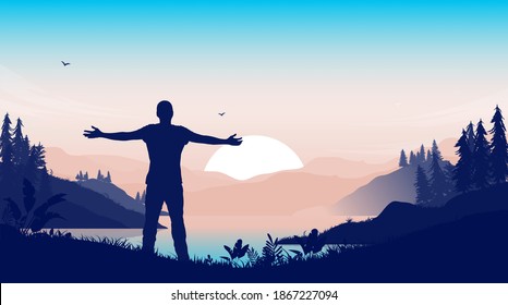 Love nature - Man standing with open arms welcoming a new day in front of landscape and sunrise. Vector illustration.