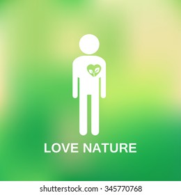 Love nature - stick figure man with sprout in his heart. Green ecological illustration.