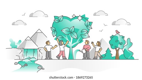 Love nature and sustainable environment protection or care outline concept. Heart shaped tree as friendly feeling about ecology and passion to plants or flora vector illustration. Save forest balance.
