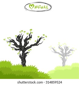 love to nature - vector hand drawn style nature concept with tree and hearts. Ecology illustration.