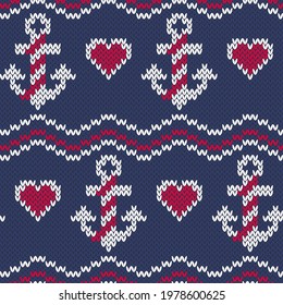 Love nautical anchor knitted seamless pattern for knit wear. Navy blue background and red heart shape. Vector illustration.