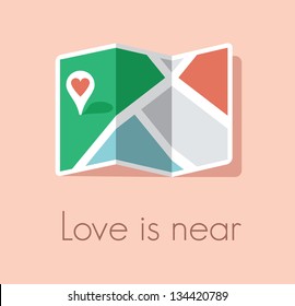 Love is near. Map and pin pointer with red heart symbol. Concept for finding love.