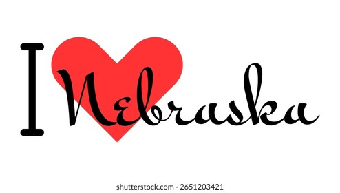 I love Nebraska state of the United States of America. Hand drawn letters with red heart. USA regions vector illustration, lettering in modern design for print t shirt, banner, poster, sticker