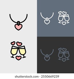 Love necklace and champagne - clean and modern valentines day icon set.