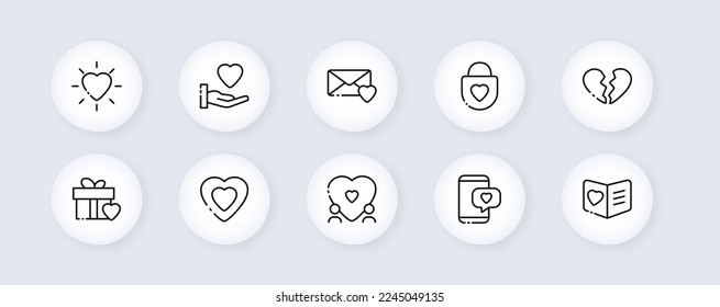 Love neomorphic icons set. Meet, dating, smartphone, representation, correspondence, heart, confess, feelings, people, hand, gift, valentine. communication concept. Vector black line icons set